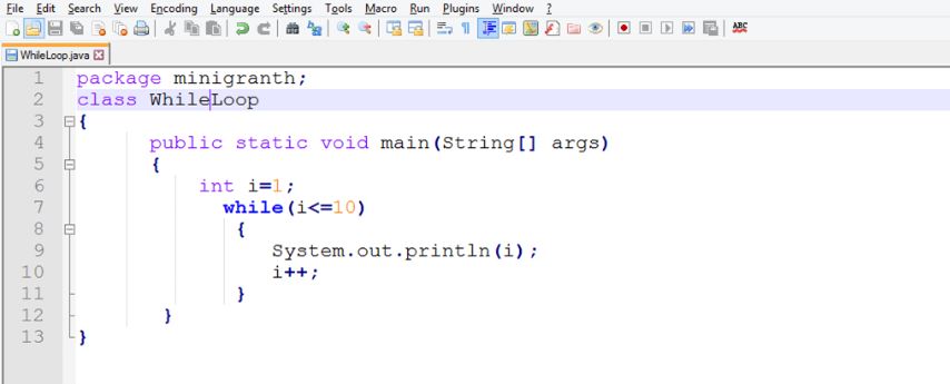 This image describes the sample program of while loops in java.